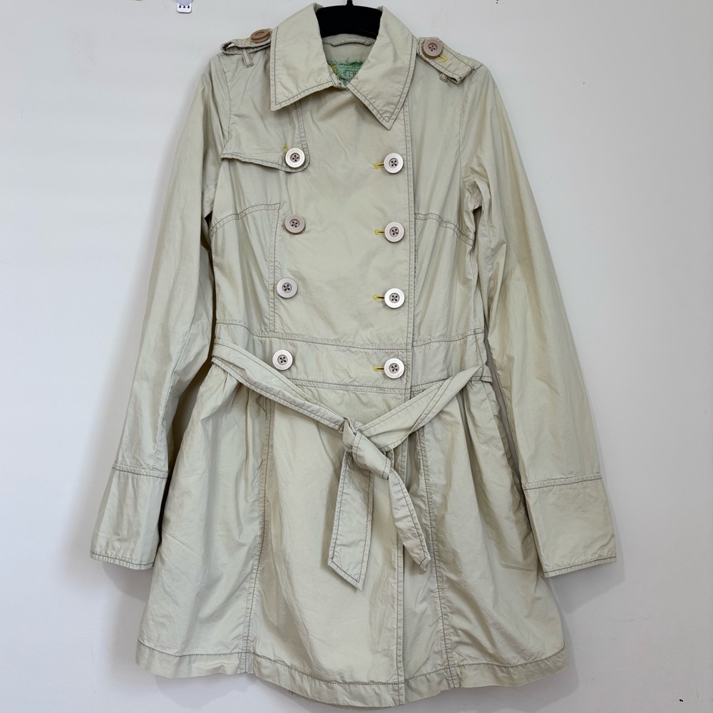 Free People preppy lagenlook khaki Double Breast Button belted trench coat Sz 8